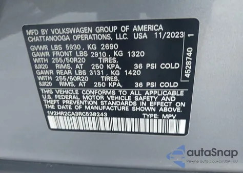 2024 Volkswagen Atlas 2.0T Se W/Technology z USA, uszkodzony, nr VIN 1V2HR2CA3RC538243